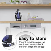 Hamilton Beach Steam Iron for Clothes With Versatile Steam Options | Durable Smooth Press Stainless Steel Soleplate | 1200 Watts, Heat-Up In Under 1 Minute | 8’ Retractable Cord | Black | 14214
