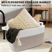 HZFTJOY 65L Laundry Basket with Handles, Woven Blanket Basket, White/Brown | 21"×16"×12" Collapsible Cotton Rope Storage Basket for Toys Clothes & Pillows, Nursery, Bathroom, Bedroom, Living Room
