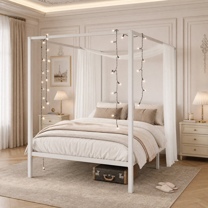 Canopy Bed Frame with Heavy-Duty Metal Slats, Four-Poster Metal Bed Frame with Under-Bed Storage, No Box Spring Needed