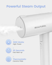 BEAUTURAL Travel Steamer for Clothes, Portable & Handheld, 120V Only, White | 1000W (Not for 220V Europe), Foldable Garment Wrinkle Remover, Fast 30s Heat-up
