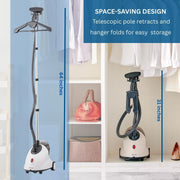 SALAV GS18-DJ Professional Standing Clothes Steamer w/Roll Wheels for Easy Movement, 1.8L Water Tank for 1 Hour Continuous Steaming, Adjustable Pole for Storage, Includes Descaler Packet, 1500 watts