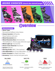 2PM SPORTS Adjustable Inline Skates for Kids, Youth and Adults | Reinforced aluminum frame; lateral support; beginner friendly; triple closure; light-up wheels; 2 non-woven bags