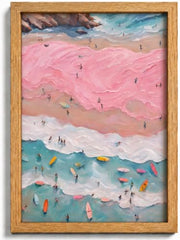 Framed Pink Coastal Canvas Wall Art,Girl Beach Surfers Picture Wall Decor | Summer Poster Print Artwork,for Bedroom Bathroom Girls Room Home Decoration 12x16 inch