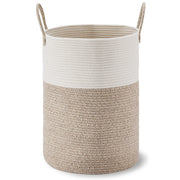 VIPOSCO 58L Tall Woven Laundry Basket Hamper, White Brown | Cotton rope laundry hamper, collapsible wicker basket, storage for blanket, toys, dirty clothes, for bedroom, bathroom