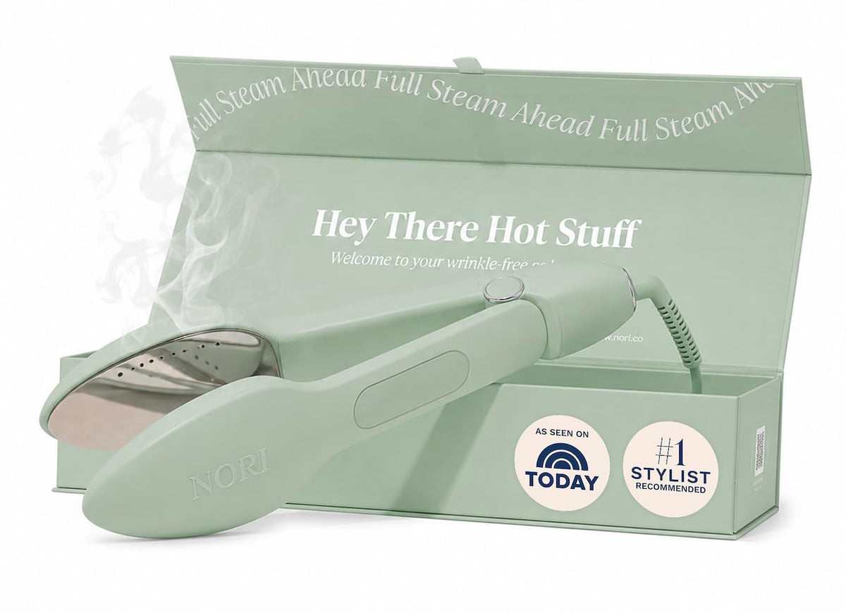 Nori Press Travel Steam Iron - Handheld Iron With 6 Fabric Settings - Green | Optional steam feature, no ironing board required, removes wrinkles, easy to use, user manual included