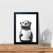 Bathroom Picture Wall Decor, Framed Black and White Bathroom Wall Art, Toilet Paper in Little Funny Raccoon's Hand Animal Canvas Print Painting