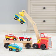Melissa & Doug Magnetic Car Loader Wooden Toy Set with 4 Toy Cars | 6 Pieces, Wooden Truck, Detachable Trailer, Magnetic Crane, 4 Numbered Cars, Vehicle Sorting Play, Preschool Toys, Ages 3+