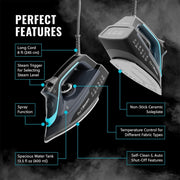 PurSteam SteamBurst+ Steam Iron, Ceramic Soleplate, Self-Clean, Anti Drip | 1750W | Ceramic Soleplate | Adjustable Steam | Self-Clean | Anti-Calc | Anti-Drip | Powerful Steam for All Fabrics