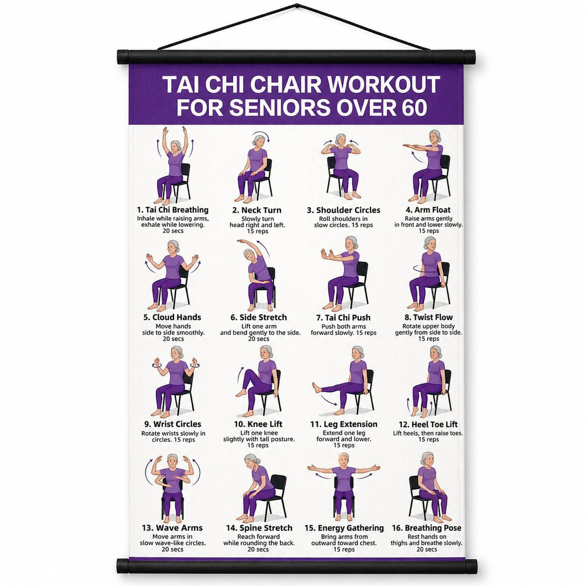 Tai Chi Chair Workout Chart, Chair Tai Chi for Seniors Poster, 16 x 24 Inch | Seated Tai Chi for Beginners: 16 Illustrated Chair Exercises for Balance, Flexibility and Mobility, Easy to Roll Up and Store
