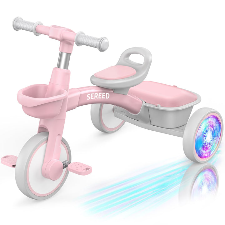 SEREED Colorful Lighting Toddler Tricycle Gift Toy for Ages 2-5 Boys Girls | Easy Snap Assembly,Lighting Wheels,Lightweight Sturdy Frame,Adjustable Seat & Handlebar,Detachable Baskets