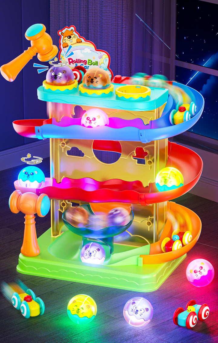 2-in-1 Ball Drop & Car Ramp Race Track Montessori Toy for Toddlers Ages 1-5 | Hammer Rolling Ball, Launch and Race Car-Cause and Effect Sensory STEM Learning Toys for 1-5 Year Old Boys & Girls