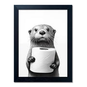 Bathroom Picture Wall Decor, Framed Black and White Bathroom Wall Art, Toilet Paper in Little Funny Raccoon's Hand Animal Canvas Print Painting