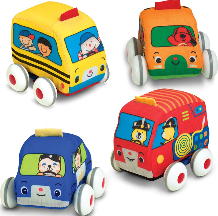 Melissa & Doug K's Kids Pull-Back Town Vehicle Set - Baby Toys Set with 4 Soft Toy Cars and Trucks, Surface Washable with Removable Wheels, Learning Toys for Babies and Toddlers