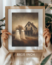 Vodefoad Retro Cute Ghost Decor Halloween Painting Spooky Silhouette Ghosts Haunted House Art Victorian Ghost Posters Pictures for Living Room, Bedroom, Bathroom, halloween Room decor - 8x10 Inch Unframed