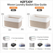HZFTJOY 65L Laundry Basket with Handles, Woven Blanket Basket, White/Brown | 21"×16"×12" Collapsible Cotton Rope Storage Basket for Toys Clothes & Pillows, Nursery, Bathroom, Bedroom, Living Room