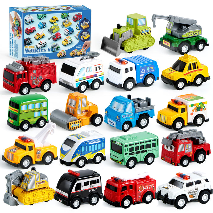 JOYIN 18 Pcs Pull Back City Cars and Trucks Toy Vehicles Set, Friction Powered Mini Cars Toys for Kids, Party Favors for Kids 3-5, Birthday Gifts for Boys and Girls, Goodie Bag Stuffers