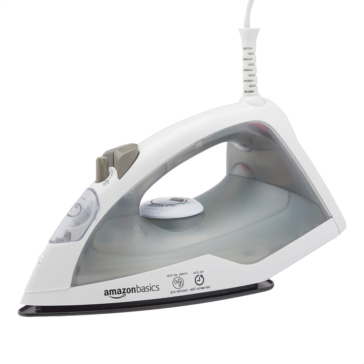 Amazon Basics 1200W 10” Steam Iron, With Non-Stick Teflon Soleplate, 5 Fl Oz Water Tank (150 ML), Auto Shut-Off, Anti-Drip, Anti-Calcification, Thermostat, 6.5Ft Cord, Gray
