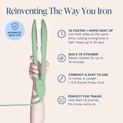 Nori Press Travel Steam Iron - Handheld Iron With 6 Fabric Settings - Green | Optional steam feature, no ironing board required, removes wrinkles, easy to use, user manual included