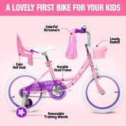 Yventix 14 16 Inch Kids Bike Girls Toddle Bicycle Ages 3-7 Training Wheels | High Carbon Steel Frame, Training Wheels, Basket, Doll Seat, Hand & Coaster Brakes, Chain Guard, Adjustable Seat & Handlebar