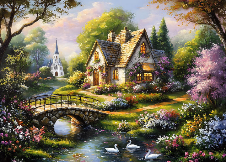 Beautiful Cottage Jigsaw Puzzles 1000 Pieces for Adults | Large Poster Included, Back Letters Hints/A-D Sections, Dust-Free, Finished Size 27.56×19.69inch, Family Indoor Activity