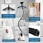 SALAV GS18-DJ Professional Standing Clothes Steamer w/Roll Wheels for Easy Movement, 1.8L Water Tank for 1 Hour Continuous Steaming, Adjustable Pole for Storage, Includes Descaler Packet, 1500 watts