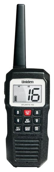 Uniden Atlantis 155 Handheld Two-Way VHF Marine Radio, Floating IPX8 Submersible Waterproof, Dual-Color Screen, All USA/International/Canadian Marine Channels, NOAA Weather Alert, 10 Hour Battery