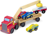 Melissa & Doug Magnetic Car Loader Wooden Toy Set with 4 Toy Cars | 6 Pieces, Wooden Truck, Detachable Trailer, Magnetic Crane, 4 Numbered Cars, Vehicle Sorting Play, Preschool Toys, Ages 3+