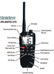 Uniden Atlantis 275 Handheld Two-Way VHF Marine Radio, Floating IPX8 Submersible Waterproof, Large Dual-Color Screen, 6-Watt, All USA/International/Canadian Marine Channels, NOAA Weather Alerts