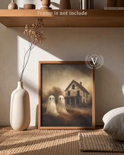 Vodefoad Retro Cute Ghost Decor Halloween Painting Spooky Silhouette Ghosts Haunted House Art Victorian Ghost Posters Pictures for Living Room, Bedroom, Bathroom, halloween Room decor - 8x10 Inch Unframed