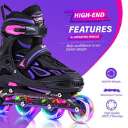 2PM SPORTS Adjustable Inline Skates for Kids, Youth and Adults | Reinforced aluminum frame; lateral support; beginner friendly; triple closure; light-up wheels; 2 non-woven bags