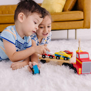 Melissa & Doug Magnetic Car Loader Wooden Toy Set with 4 Toy Cars | 6 Pieces, Wooden Truck, Detachable Trailer, Magnetic Crane, 4 Numbered Cars, Vehicle Sorting Play, Preschool Toys, Ages 3+