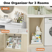REALINN Under Sink Organizer, L-Shaped 2 Tier Pull Out Cabinet Organizer | Slide Out Under Cabinet Storage, For Kitchen and Bathroom, Metal Under Sink Storage with Sliding Drawer, 50 lbs, White 2 Pack