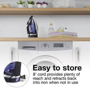 Hamilton Beach Steam Iron for Clothes With Versatile Steam Options | Durable Smooth Press Stainless Steel Soleplate | 1200 Watts, Heat-Up In Under 1 Minute | 8’ Retractable Cord | Black | 14214
