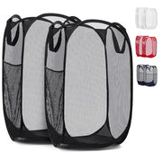 Handy Laundry Mesh Pop-Up Hamper Collapsible with Side Pocket 2-Pack | Breathable foldable design saves space; wide opening makes loading easy. Sturdy build stores clothes neatly. Black.