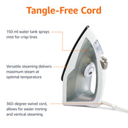 Amazon Basics 1200W 10” Steam Iron, With Non-Stick Teflon Soleplate, 5 Fl Oz Water Tank (150 ML), Auto Shut-Off, Anti-Drip, Anti-Calcification, Thermostat, 6.5Ft Cord, Gray