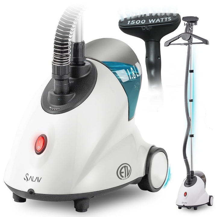 SALAV GS18-DJ Professional Standing Clothes Steamer w/Roll Wheels for Easy Movement, 1.8L Water Tank for 1 Hour Continuous Steaming, Adjustable Pole for Storage, Includes Descaler Packet, 1500 watts
