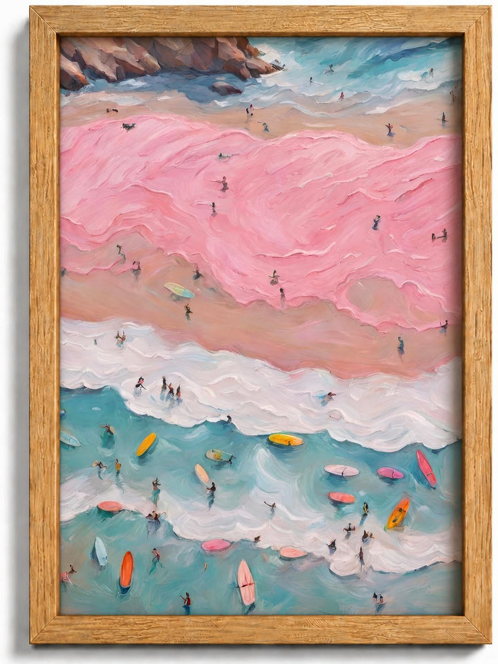 Framed Pink Coastal Canvas Wall Art,Girl Beach Surfers Picture Wall Decor | Summer Poster Print Artwork,for Bedroom Bathroom Girls Room Home Decoration 12x16 inch