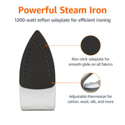 Amazon Basics 1200W 10” Steam Iron, With Non-Stick Teflon Soleplate, 5 Fl Oz Water Tank (150 ML), Auto Shut-Off, Anti-Drip, Anti-Calcification, Thermostat, 6.5Ft Cord, Gray