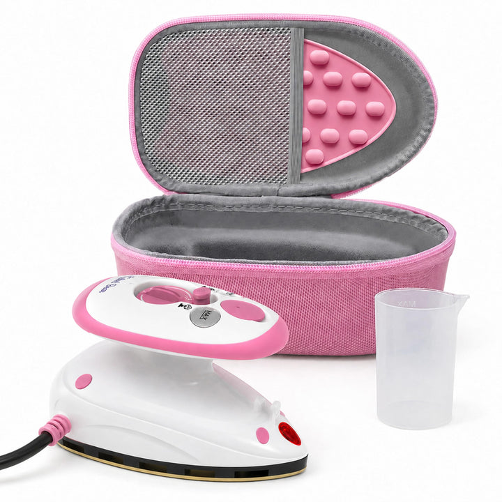 The Quilted Bear Premium Mini Steam Iron for Quilting and Travel, Pink | Small Travel Iron with Hard Carry Case, Heat-safe Rest, Dual Voltage, Steam Function, Adjustable Temperature, Fast Heat Up