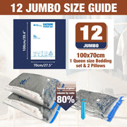 12 Jumbo Vacuum Storage Bags for Bedding, Vacuum Seal Bags for Clothing | Extra Large XL, Airtight Triple Seal, Save 80% Space, Hand Pump, Work with Vacuum, Double Zip, Reusable, Easy to Use