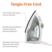 Amazon Basics 1200W 10” Steam Iron, With Non-Stick Teflon Soleplate, 5 Fl Oz Water Tank (150 ML), Auto Shut-Off, Anti-Drip, Anti-Calcification, Thermostat, 6.5Ft Cord, Gray