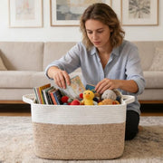 HZFTJOY 65L Laundry Basket with Handles, Woven Blanket Basket, White/Brown | 21"×16"×12" Collapsible Cotton Rope Storage Basket for Toys Clothes & Pillows, Nursery, Bathroom, Bedroom, Living Room