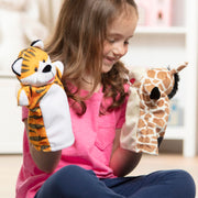 Melissa & Doug Zoo Friends Soft Plush Hand Puppets 4-Piece Glove Set | 4 Plush Hand Puppets, Elephant, Giraffe, Tiger, Monkey, Washable Puppet Gloves, Pretend Play, Toddler Toys for Kids, Ages 2+