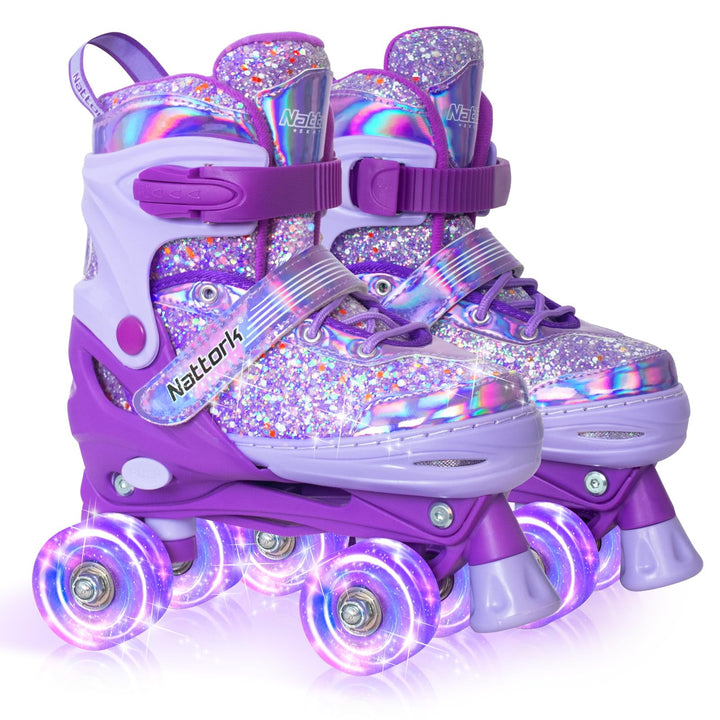 Nattork Kids Roller Skates for Girls Kids, 4 Sizes Adjustable Girls Roller Skates for Ages 3-12 with Light up Wheels - Cool Birthday Gift for Indoor Outdoor Sports