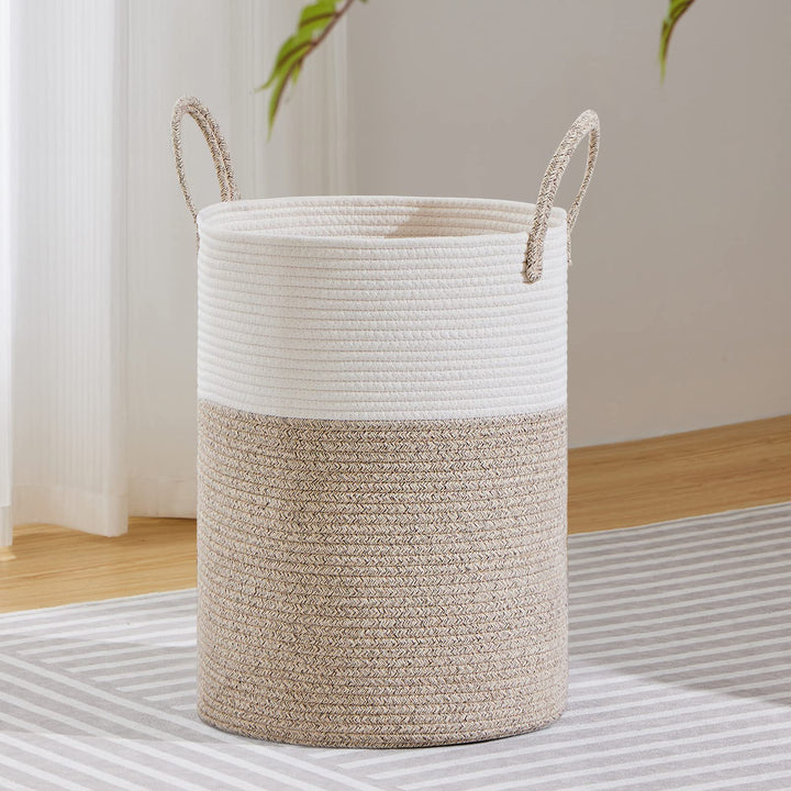 VIPOSCO 58L Tall Woven Laundry Basket Hamper, White Brown | Cotton rope laundry hamper, collapsible wicker basket, storage for blanket, toys, dirty clothes, for bedroom, bathroom