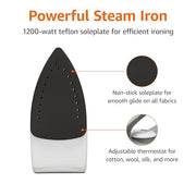 Amazon Basics 1200W 10” Steam Iron, With Non-Stick Teflon Soleplate, 5 Fl Oz Water Tank (150 ML), Auto Shut-Off, Anti-Drip, Anti-Calcification, Thermostat, 6.5Ft Cord, Gray