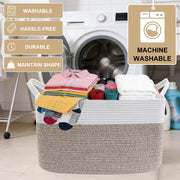 HZFTJOY 65L Laundry Basket with Handles, Woven Blanket Basket, White/Brown | 21"×16"×12" Collapsible Cotton Rope Storage Basket for Toys Clothes & Pillows, Nursery, Bathroom, Bedroom, Living Room