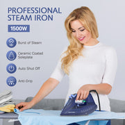 BEAUTURAL Steam Iron for Clothes with Ceramic-Coated Soleplate, 1500 Watts | Burst of Steam, 3-Way Auto-Off, Anti-Drip and Anti-Calcium, Self-Cleaning, Easy Temperature Control, Pefect for Home Use