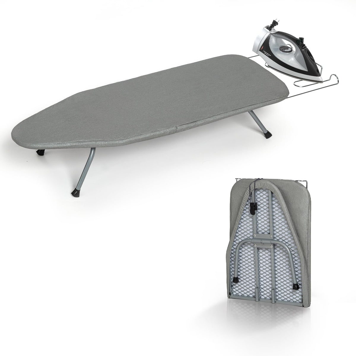 RAINHOL Gray Mini Tabletop Ironing Board 31"x12" | Metal Foldable with Iron Rest, Heat Resistant Cover for Travel Small Space