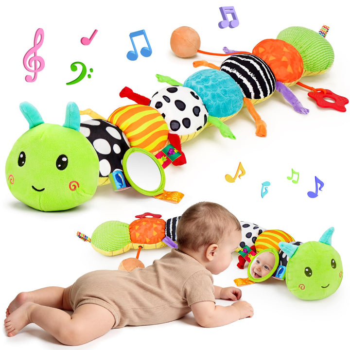 Baby Toys 0-6 Months Musical Stuffed Caterpillar Newborn Tummy Time Toys | Sensory Toys with Mirror Crinkle Rattle for Infants 0-3 3-6 2 3 4 5 6-12 Months Old Babies Boy Girl Shower Gifts Essentials